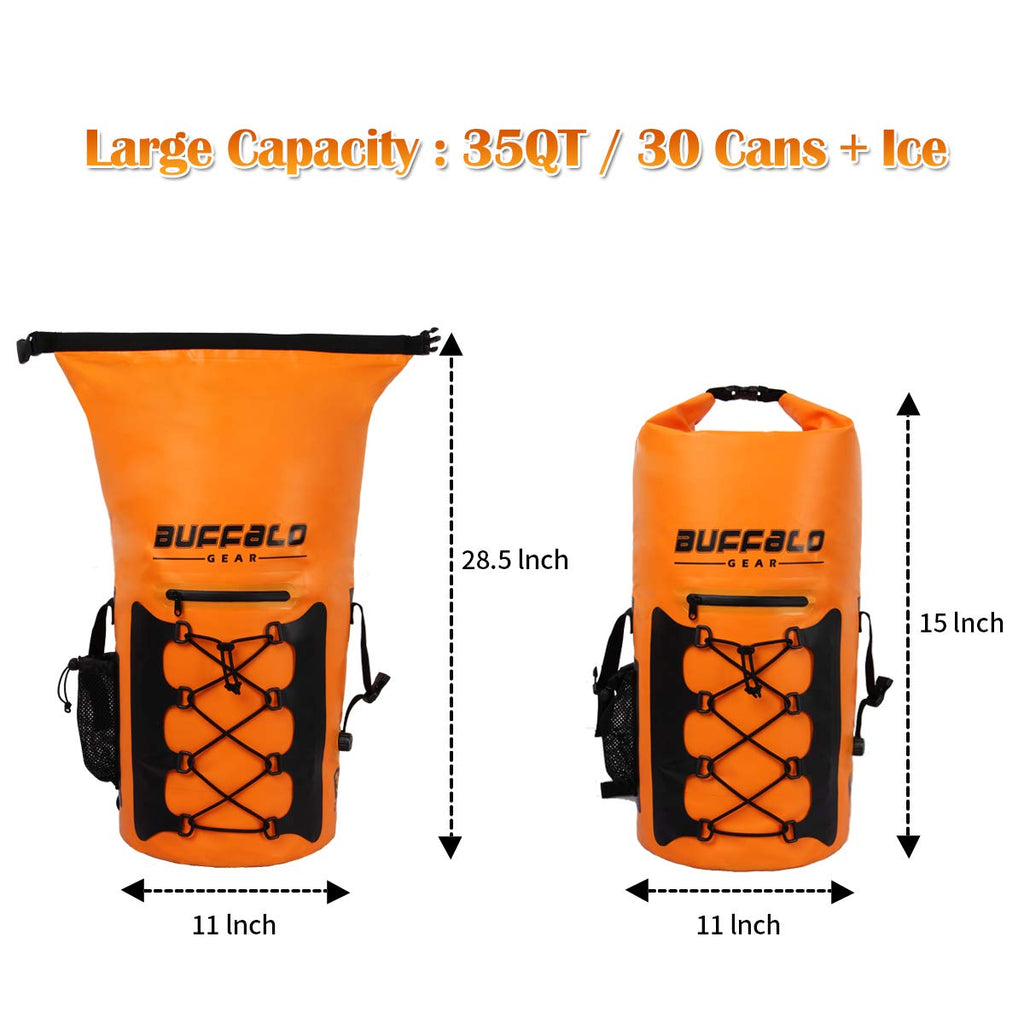 Buffalo Gear Portable Insulated Backpack Cooler Bag - Hands-Free and Collapsible, Waterproof and Soft-Sided Cooler Backpack for Hiking, The Beach, Picnics,Camping, Fishing - Orange,35 Liters,30 Can - backpacks4less.com