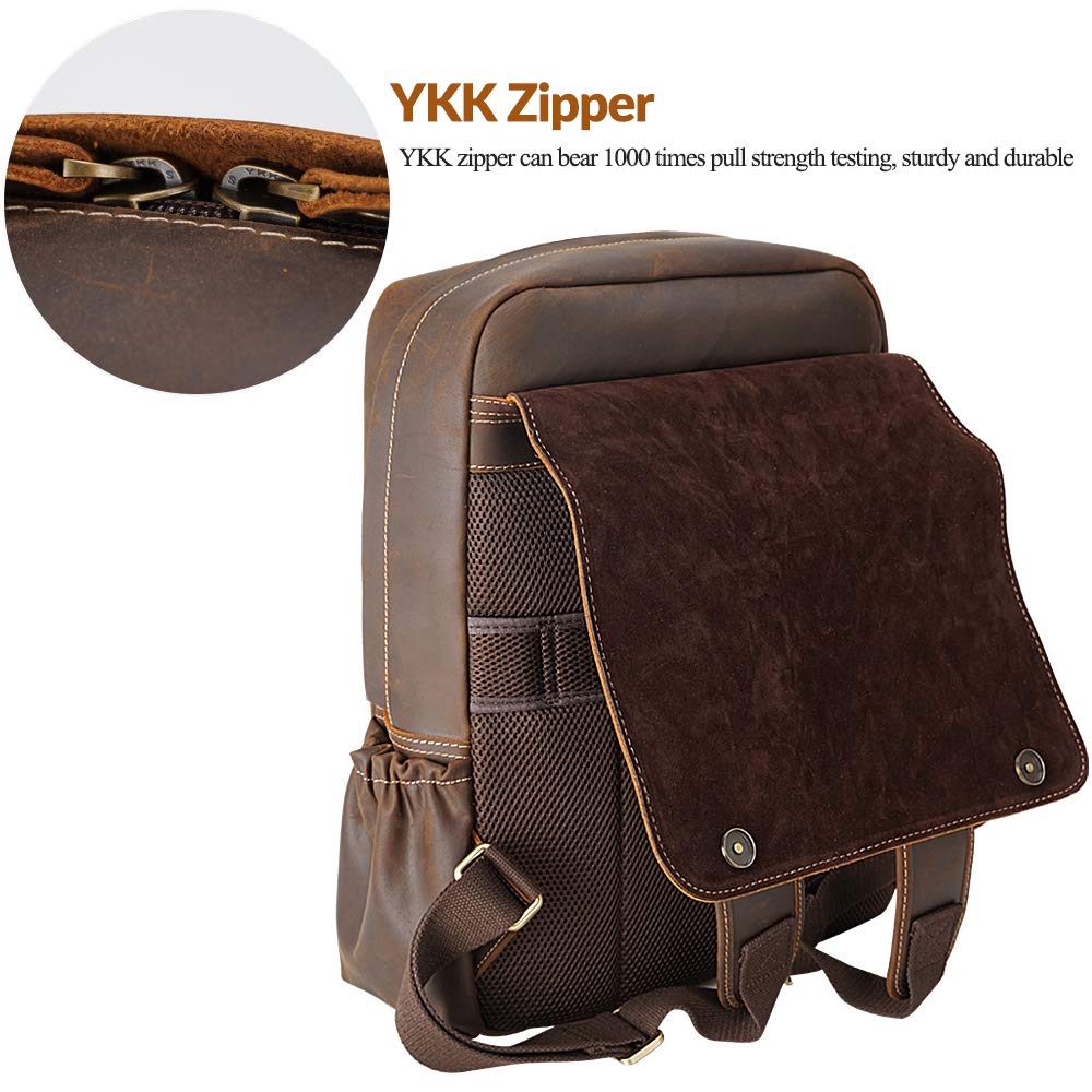 Tiding 15.6 Inch Vintage Men's Crazy Horse Cowhide Real Leather Laptop Backpack Large Capacity Travel Bag Bookbag with YKK Zipper - backpacks4less.com