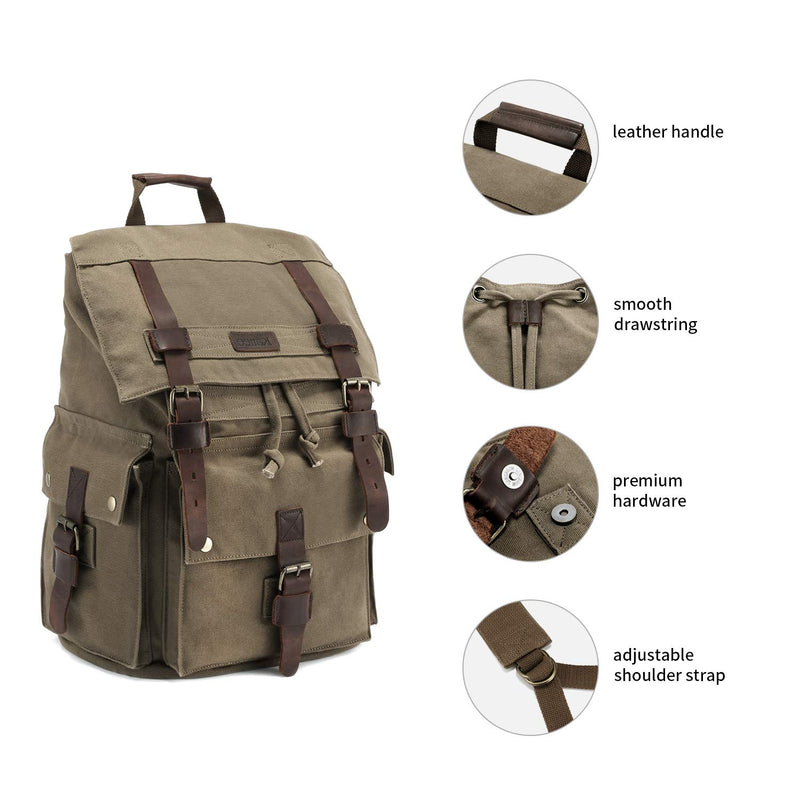 Kattee Men's Canvas Leather Hiking Travel Backpack Rucksack School Bag Army Green - backpacks4less.com