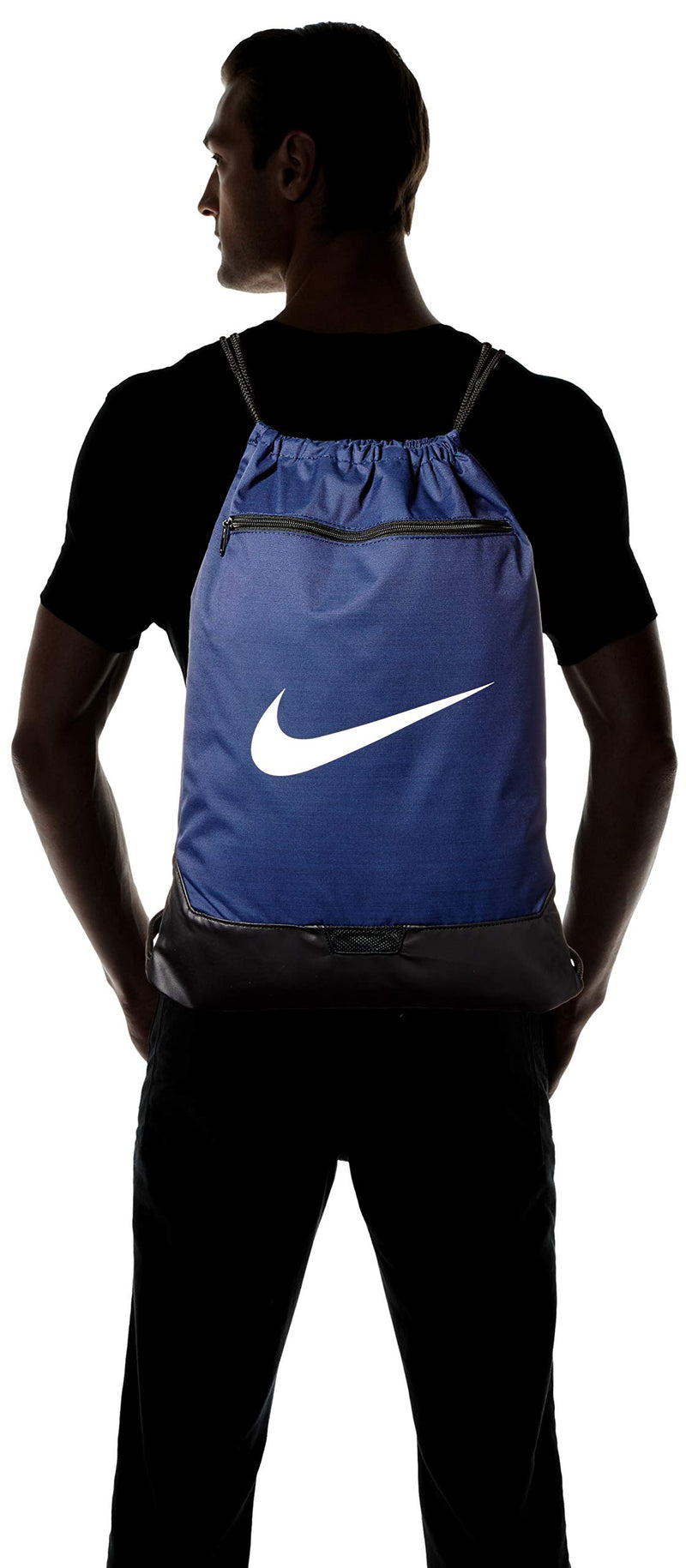 Nike Brasilia Training Gymsack, Drawstring Backpack with Zipper Pocket and Reinforced Bottom, Midnight Navy/Black/White - backpacks4less.com