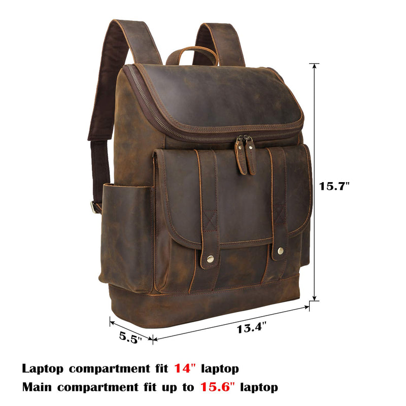 Texbo Vintage Full Grain Cowhide Leather 15.6 Inch Laptop Backpack Shoulder Travel School Bag with YKK Metal Zippers (Dark Brown (Version 2019)) - backpacks4less.com