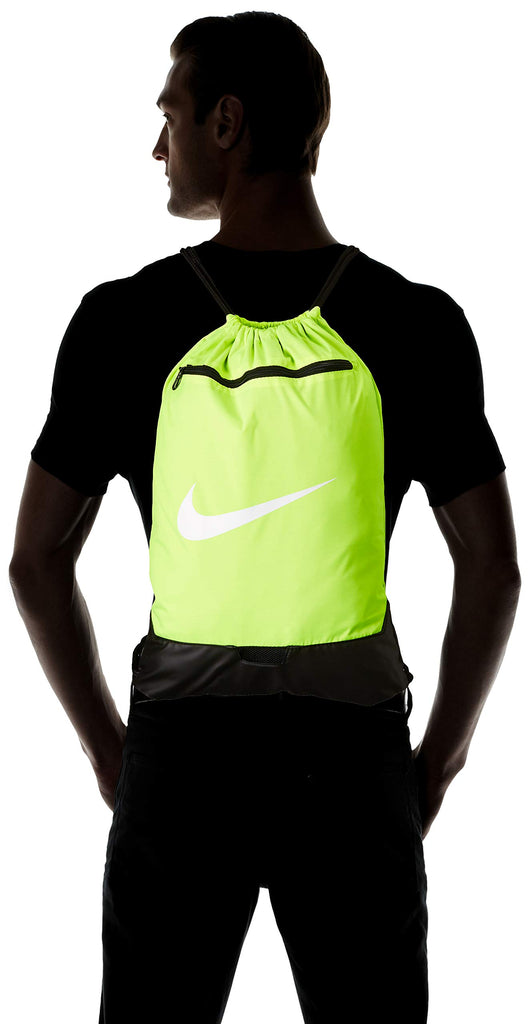 Nike Brasilia Training Gymsack, Drawstring Backpack with Zipper Pocket and Reinforced Bottom, Volt/Volt/Black - backpacks4less.com