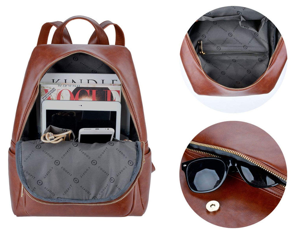 coogi leather backpack COOFIT PU Leather Backpack School Backpack Casual Daypack with Pouch for Women Brown