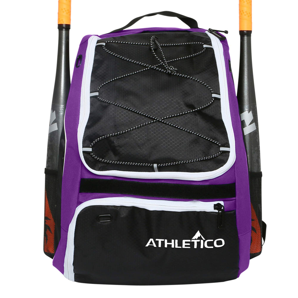 Athletico Baseball Bat Bag - Backpack for Baseball, T-Ball & Softball Equipment & Gear for Youth and Adults | Holds Bat, Helmet, Glove, Shoes |Shoe Compartment & Fence Hook (Purple) - backpacks4less.com