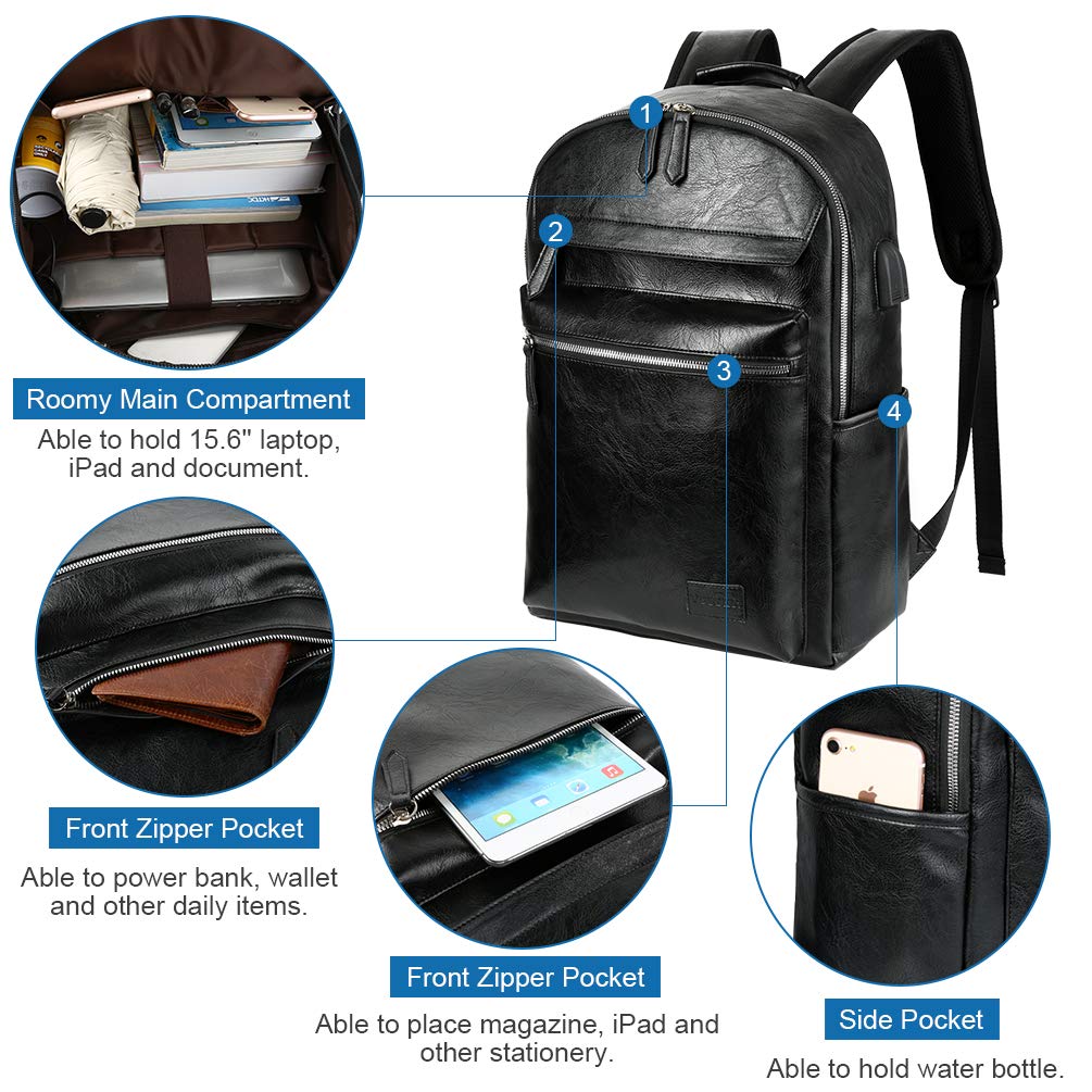 VBG VBIGER Leather Backpack for Mens Travel College Business Waterproof PU Leather Backpack for 15.6 inch Laptop with USB Charging Port and Headphone Port (Black) VBG VBIGER Leather Backpack for Mens Travel College Business Waterproof PU Leather Backpack for 15.6 inch Laptop with USB Charging Port and Headphone Port (Black)