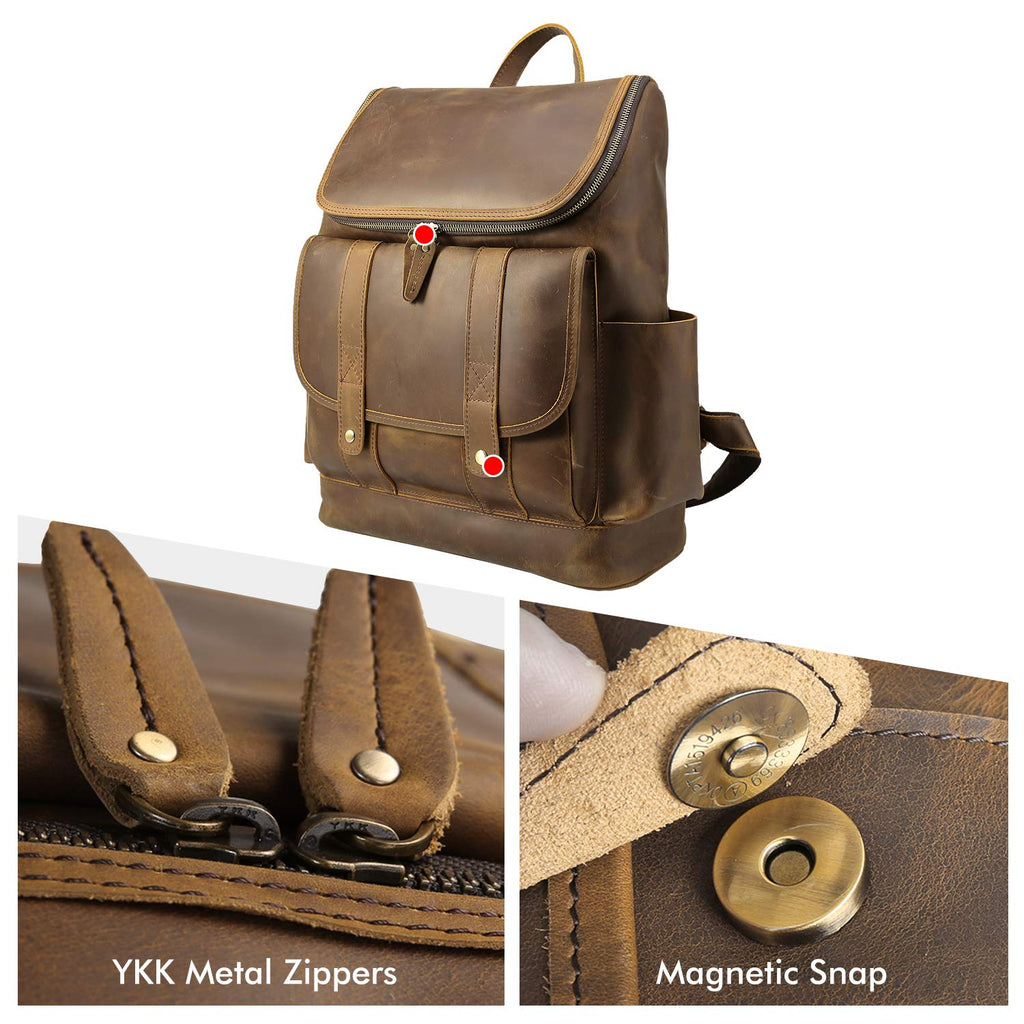 Texbo Vintage Full Grain Cowhide Leather 15.6 Inch Laptop Backpack Travel Office Bag Schoolbag with YKK Metal Zippers - backpacks4less.com
