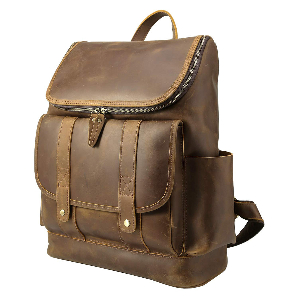 Texbo Vintage Full Grain Cowhide Leather 15.6 Inch Laptop Backpack Travel Office Bag Schoolbag with YKK Metal Zippers - backpacks4less.com