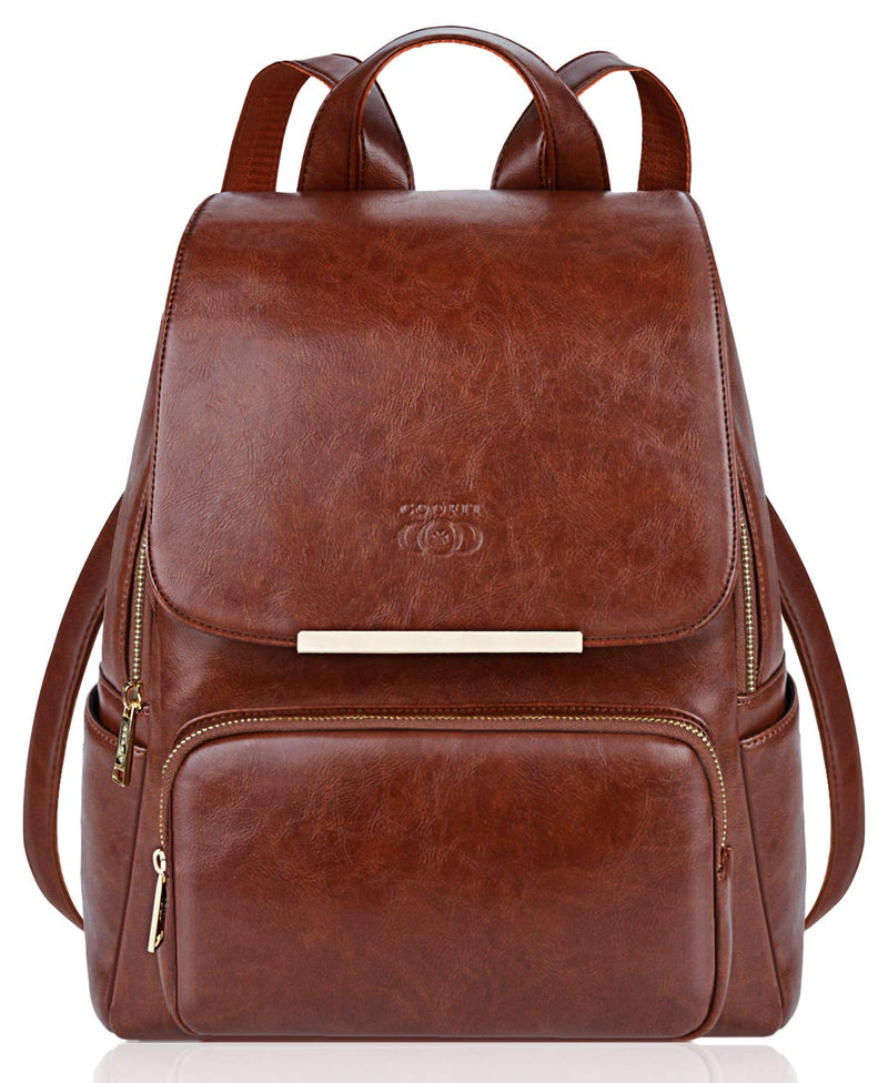 COOFIT PU Leather Backpack School Backpack Casual Daypack with Pouch for Women Brown - backpacks4less.com