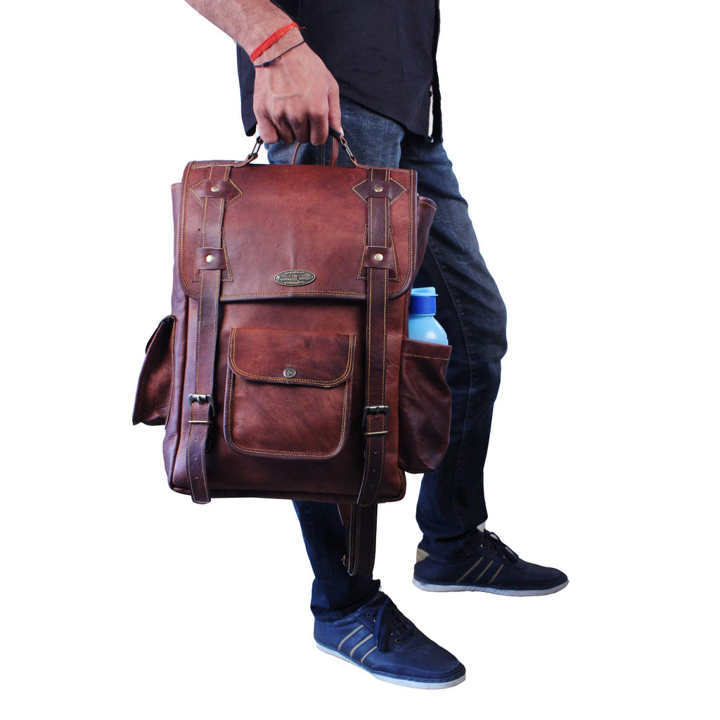 16 inch laptop leather backpack Handmade 16 Inch Brown Leather Backpack For Men Vintage Easy Open Push Lock Genuine leather backpack for women