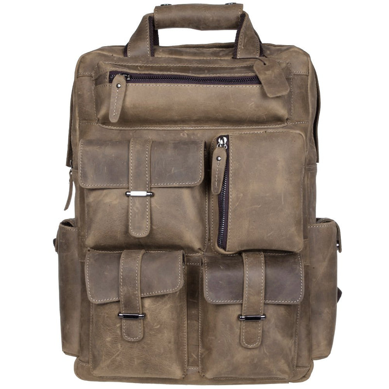 S-ZONE Vintage Crazy Horse Genuine Leather Backpack Multi Pockets Travel Bag - backpacks4less.com