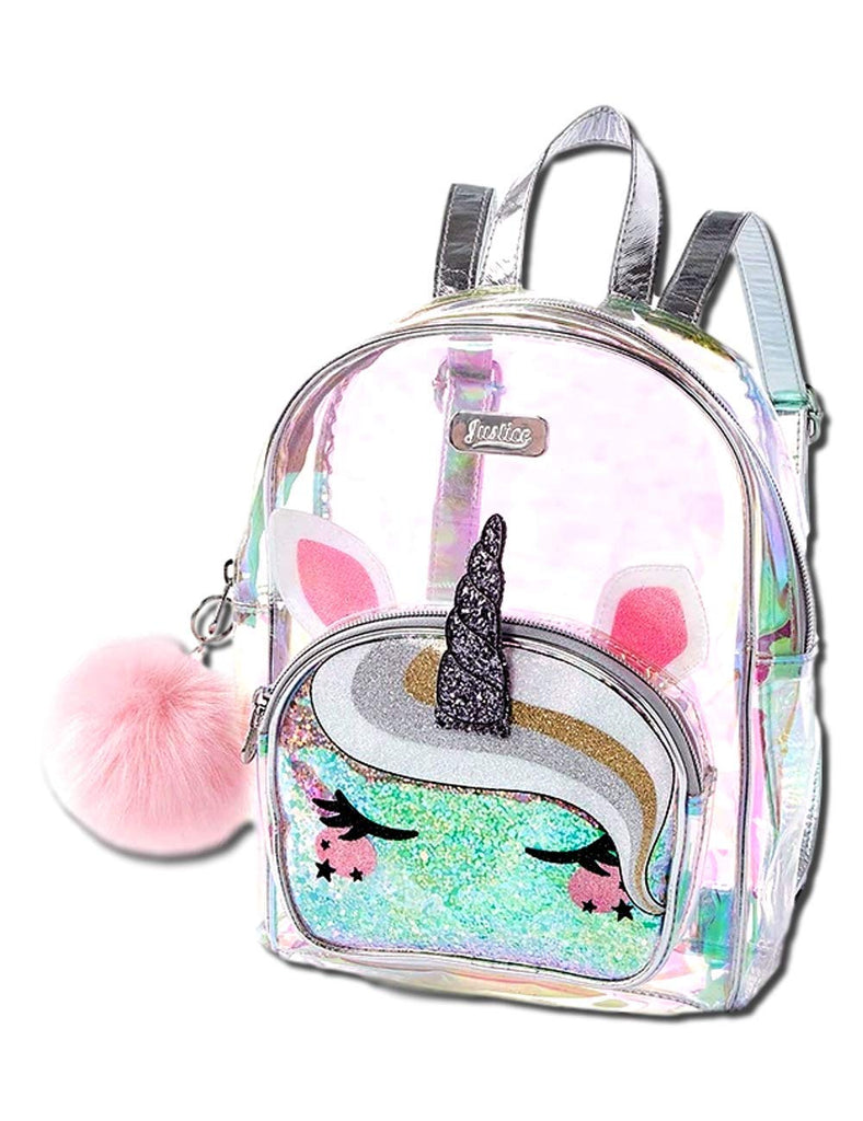 Justice Unicorn Mini Backpack - Girls Clear Holographic Travel Daypack–