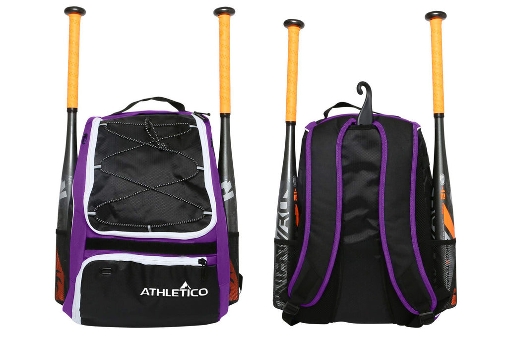 Athletico Baseball Bat Bag - Backpack for Baseball, T-Ball & Softball Equipment & Gear for Youth and Adults | Holds Bat, Helmet, Glove, Shoes |Shoe Compartment & Fence Hook (Purple) - backpacks4less.com