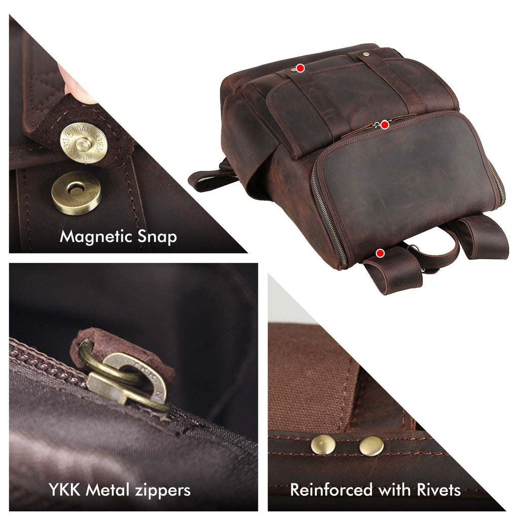 Texbo Vintage Full Grain Cowhide Leather 15.6 Inch Laptop Backpack Shoulder Travel School Bag with YKK Zippers - backpacks4less.com