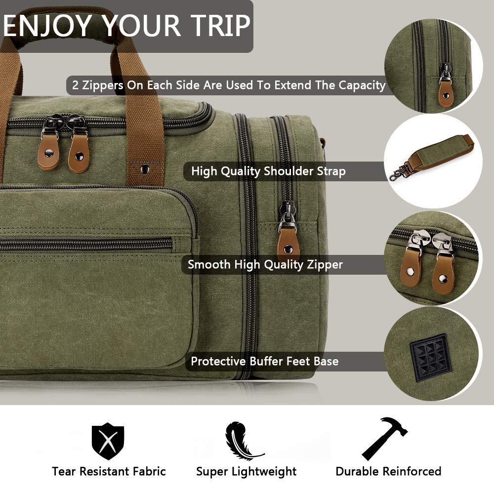 Plambag Canvas Duffle Bag for Travel, 50L Duffel Overnight Weekend Bag(Army Green) - backpacks4less.com