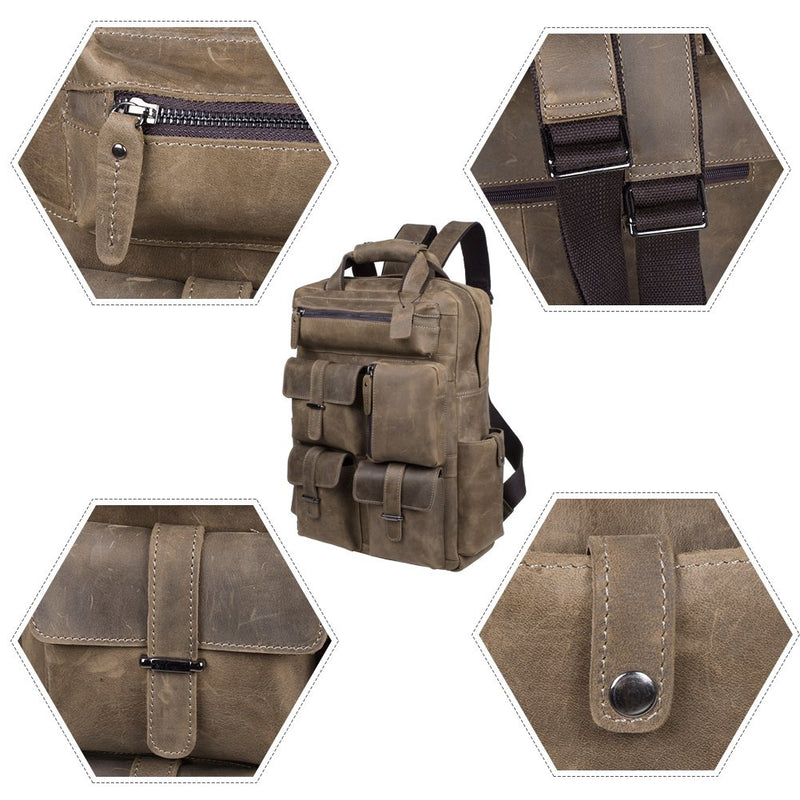 S-ZONE Vintage Crazy Horse Genuine Leather Backpack Multi Pockets Travel Bag - backpacks4less.com