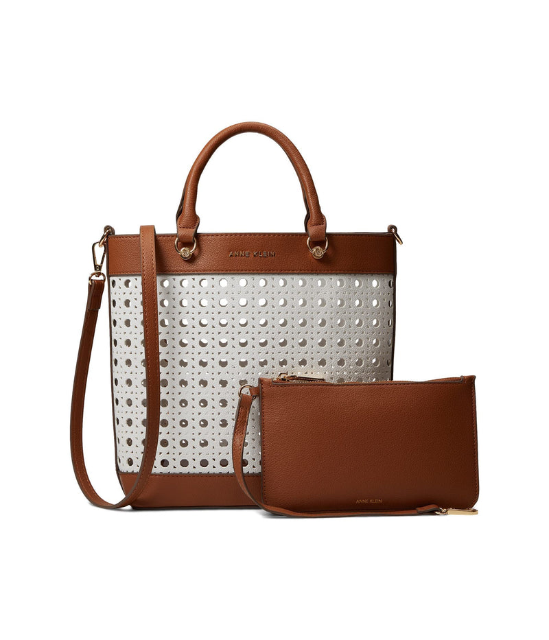 Anne Klein Mini perf Tote with Pouch, Gardenia/Saddle