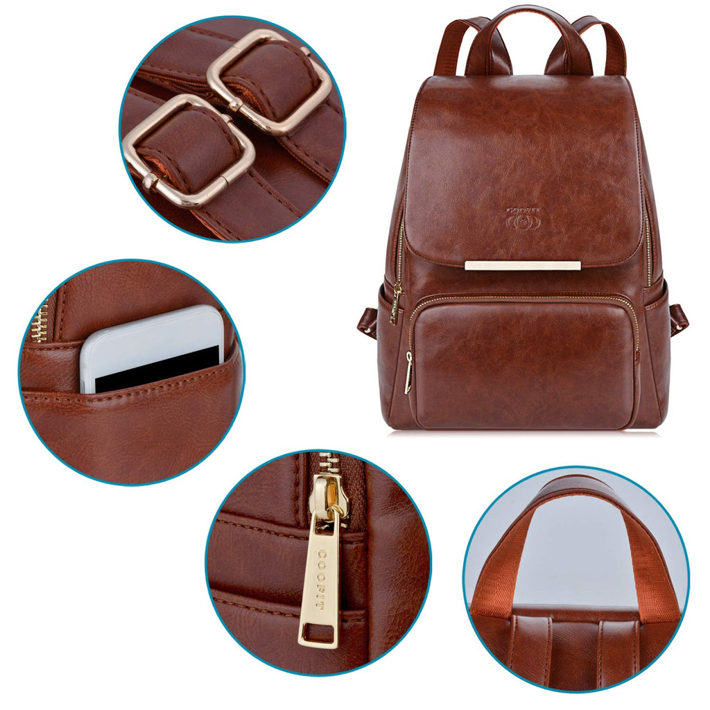 coofit leather backpack COOFIT PU Leather Backpack School Backpack Casual Daypack with Pouch for Women Brown
