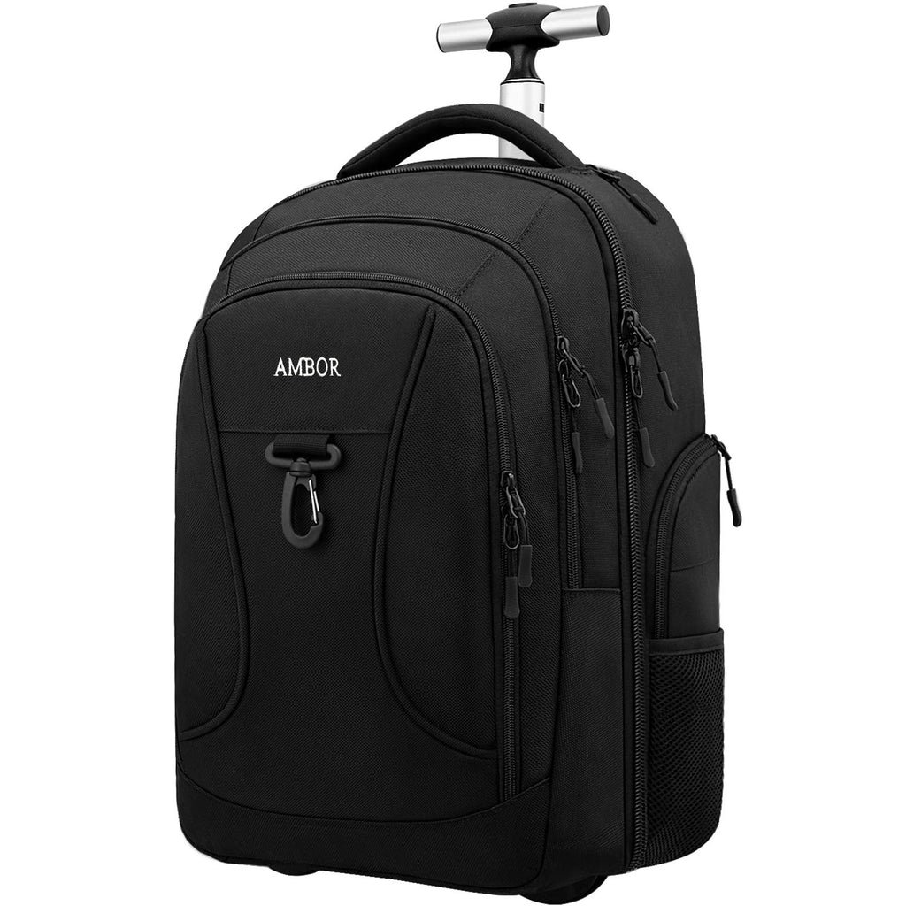 Rolling Backpack,Wheeled Laptop Backpack for Travel,Freewheel Carryon Trolley Luggage Suitcase Compact Business Bag,Wheeled Rucksack Student Computer Trolley Carry Luggage Fits 15.6Inch Laptop - Black - backpacks4less.com