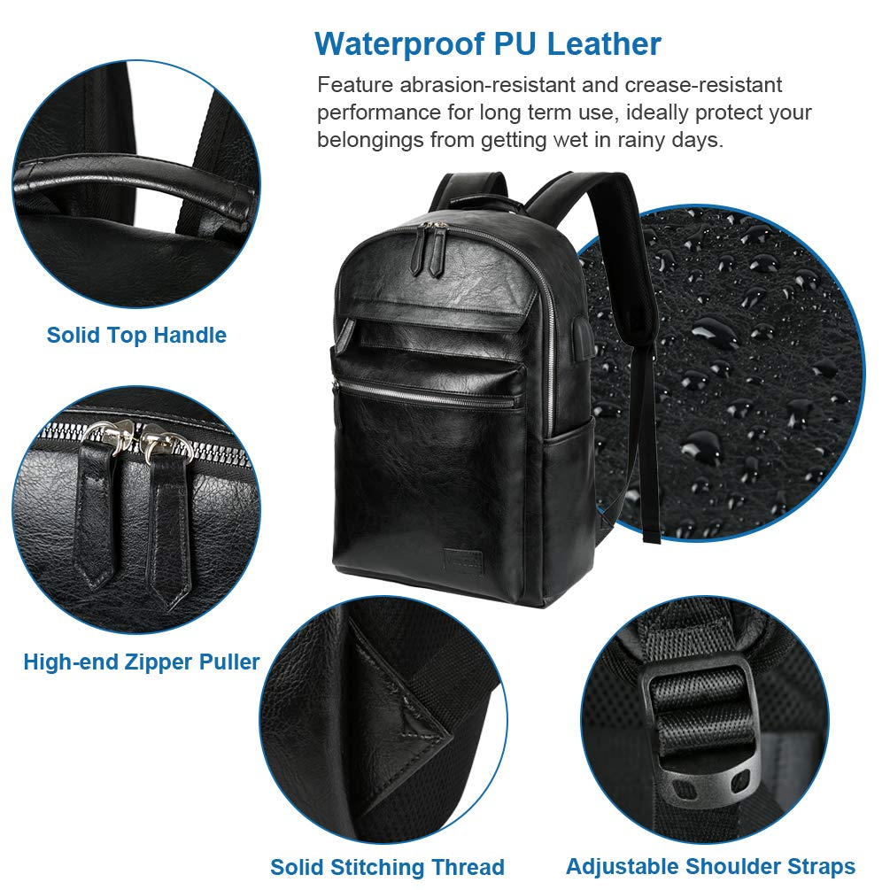 VBG VBIGER Leather Backpack for Mens Travel College Business Waterproof PU Leather Backpack for 15.6 inch Laptop with USB Charging Port and Headphone Port (Black) - backpacks4less.com