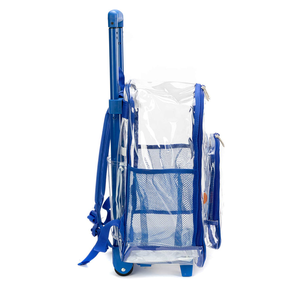 Rolling Clear Backpack Heavy Duty Bookbag Quality See Through Workbag Travel Daypack Transparent School Book Bags with Wheels Royal Blue - backpacks4less.com
