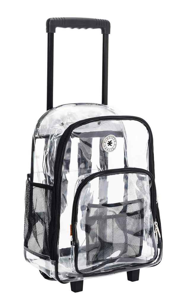 Rolling Clear Backpack Heavy Duty Bookbag Quality See Through Workbag Travel Daypack Transparent School Book Bags with Wheels Black - backpacks4less.com