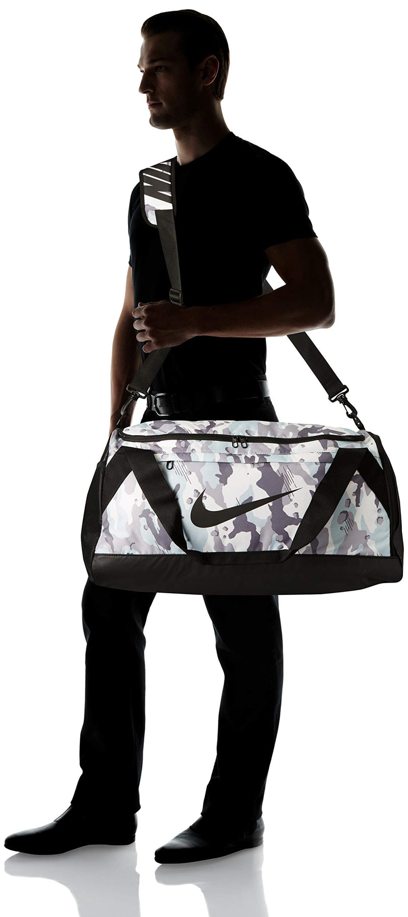NIKE Brasilia Medium Duffle - All Over Print, White/Black/Black, Misc - backpacks4less.com