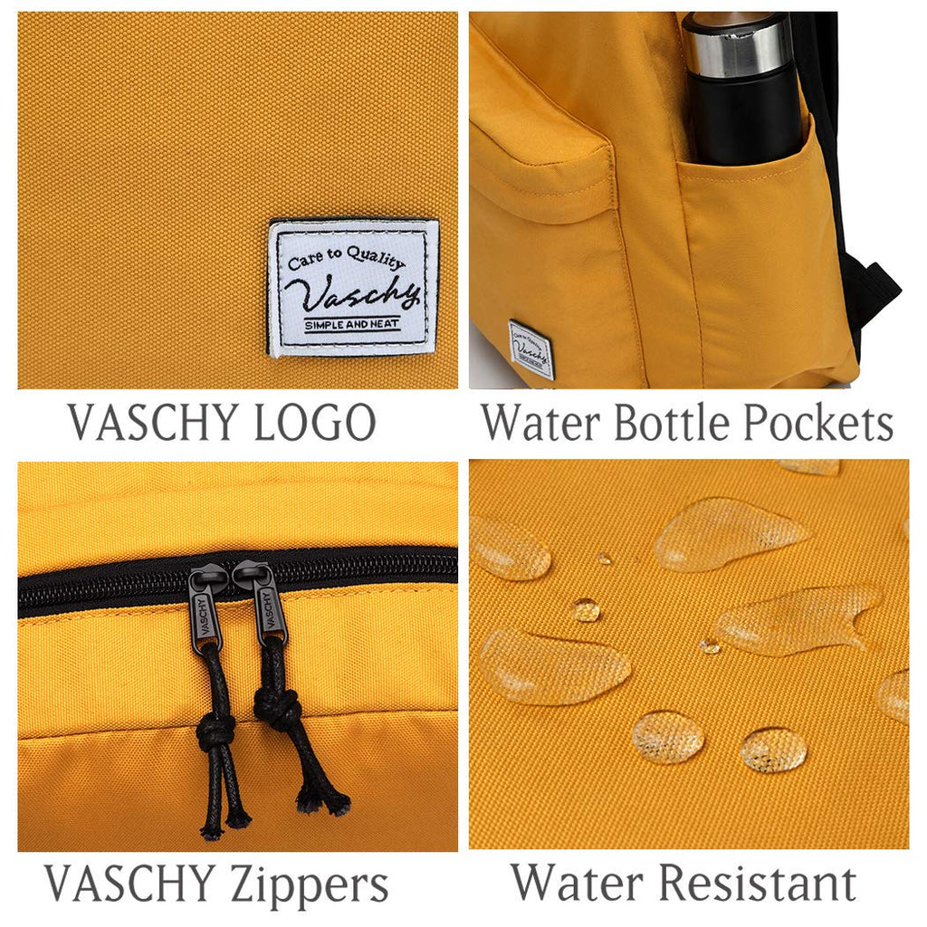 herschel backpack with water bottle pockets Lightweight Backpack for School, VASCHY Classic Basic Water Resistant Casual Day-pack for Travel with Bottle Side Pockets (Gold)