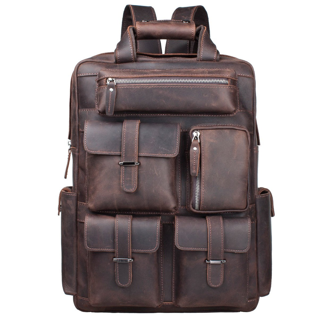 S-ZONE Vintage Crazy Horse Genuine Leather Backpack Multi Pockets Travel Bag - backpacks4less.com