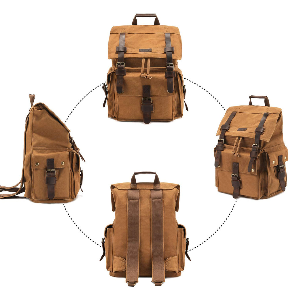 Kattee Men's Leather Canvas Backpack Large School Bag Travel Rucksack Khaki - backpacks4less.com
