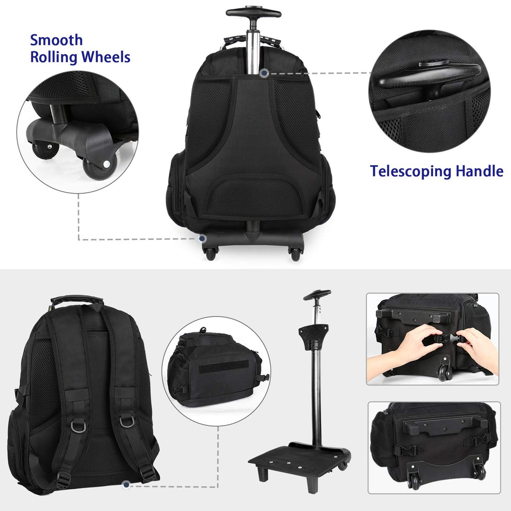 Matein Rolling Backpack, Travel Backpack with Removable Wheels for Men and Women, Roller Backpack fit 17 inch Laptop for Business, School, College, Black Matein Rolling Backpack, Travel Backpack with Removable Wheels for Men and Women, Roller Backpack fit 17 inch Laptop for Business, School, College, Black