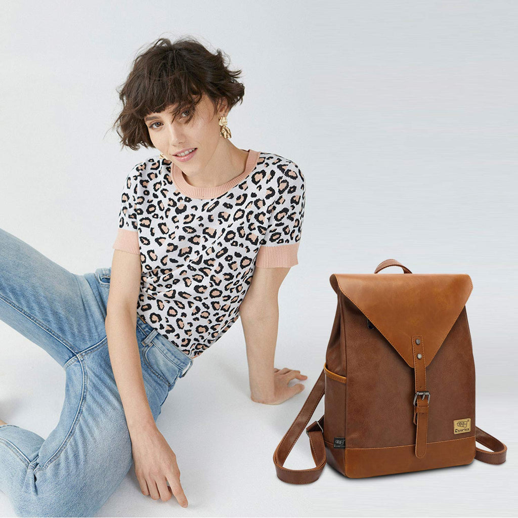 Zebella Vintage Vegan Leather Backpack for Women Men,Brown Faux