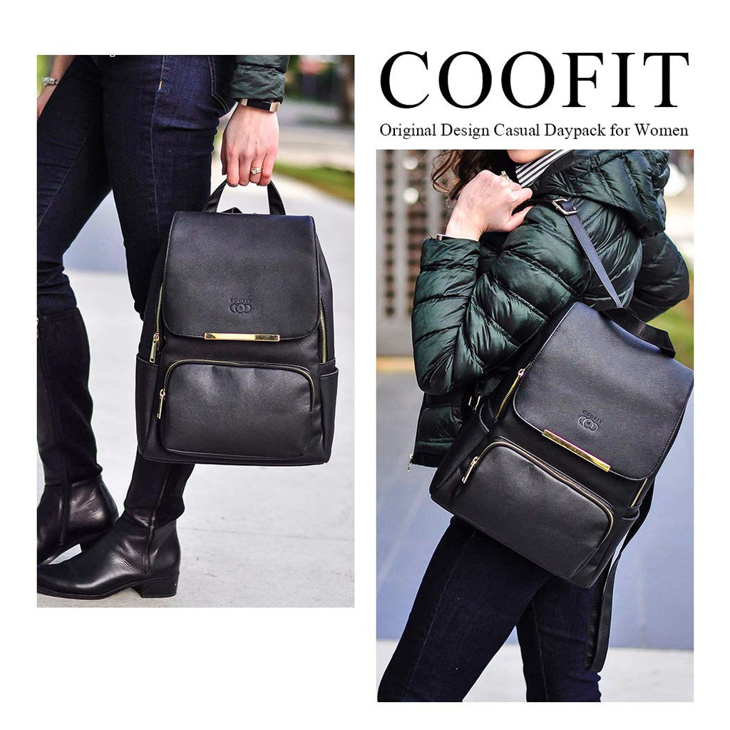 COOFIT Black Faux Leather Backpack for Women Schoolbag Casual Daypack - backpacks4less.com