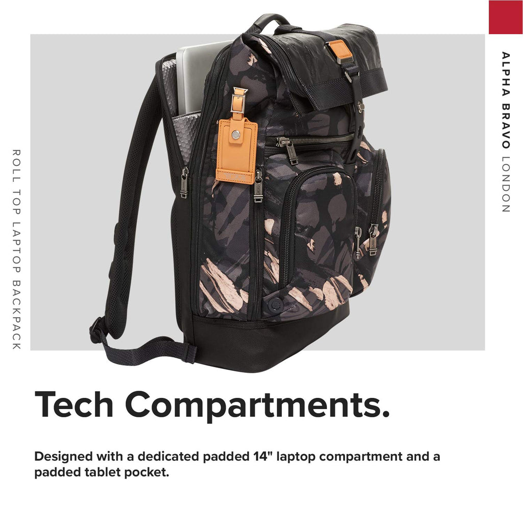 TUMI - Alpha Bravo London Roll Top Laptop Backpack - 15 Inch Computer Bag for Men and Women - Grey Highlands Print - backpacks4less.com