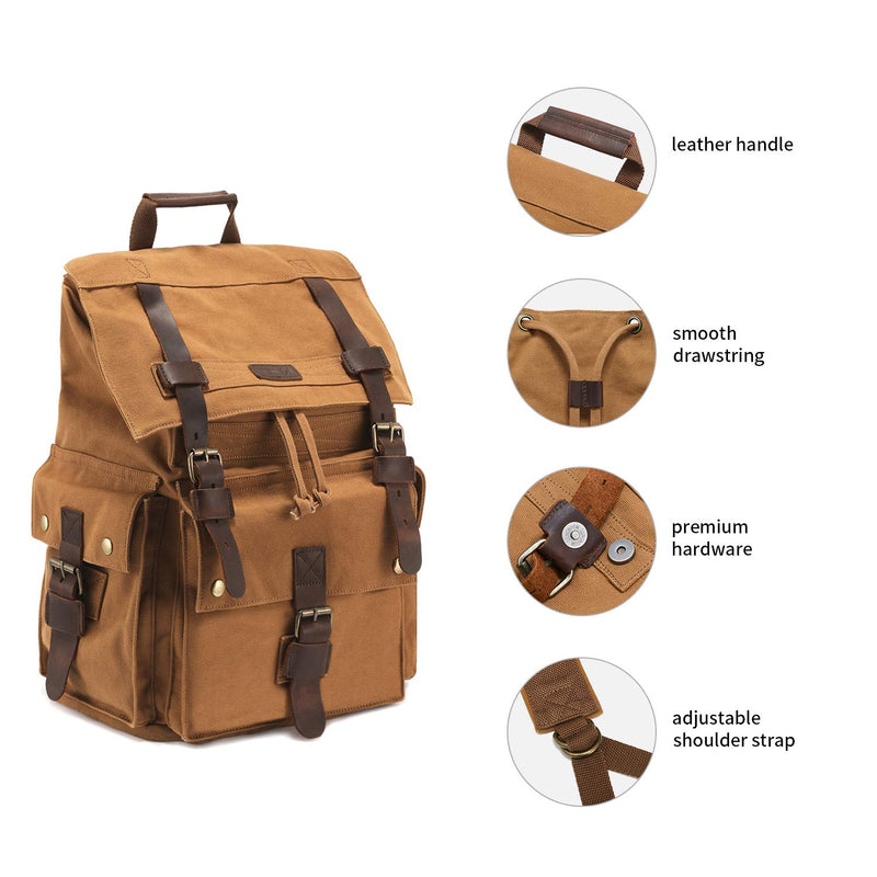 Kattee Men's Leather Canvas Backpack Large School Bag Travel Rucksack Khaki - backpacks4less.com