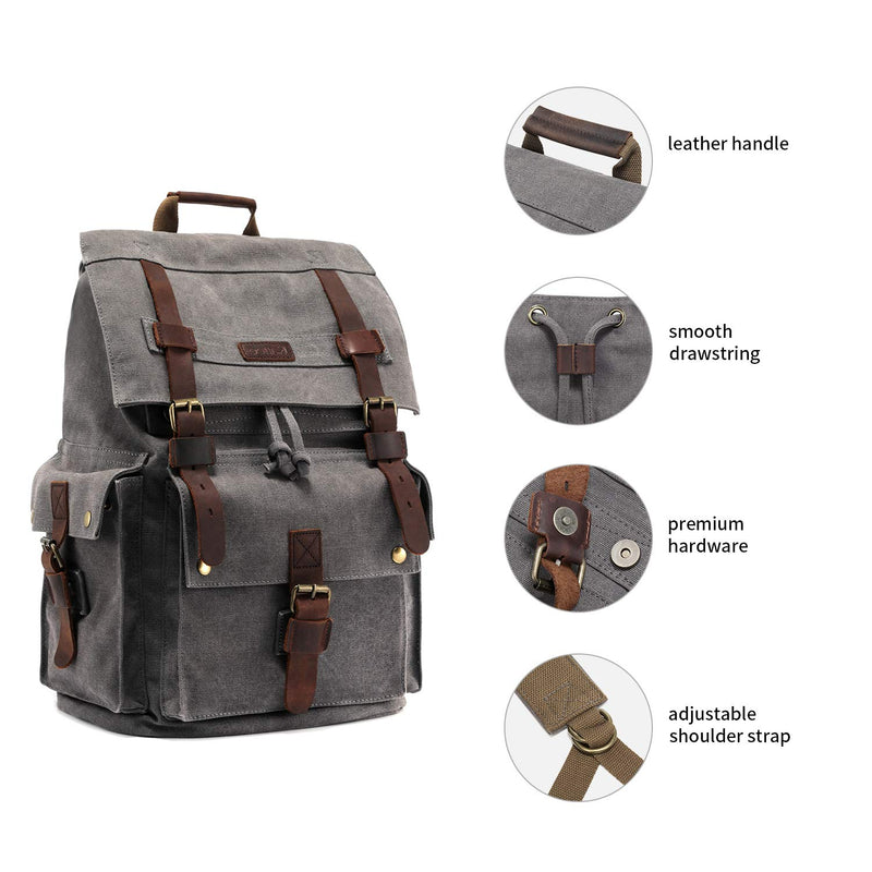 Kattee Men's Leather Canvas Backpack Large School Bag Travel Rucksack Gray - backpacks4less.com