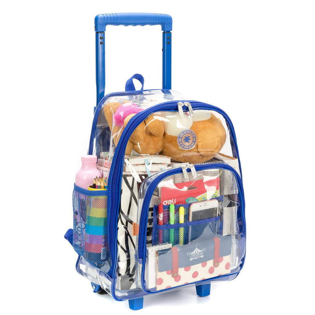 Rolling Clear Backpack Heavy Duty Bookbag See-thru Workbag Travel Daypack Transparent School Luggage with Wheels Royal Blue - backpacks4less.com