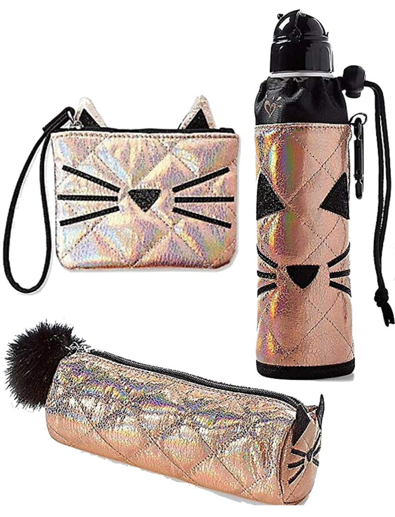 Justice Set of 3 School Round Pencil Pouch, Water Bottle & Wristlet Rose Gold Quilted Cat - backpacks4less.com