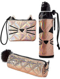 Justice Set of 3 School Round Pencil Pouch, Water Bottle & Wristlet Rose Gold Quilted Cat