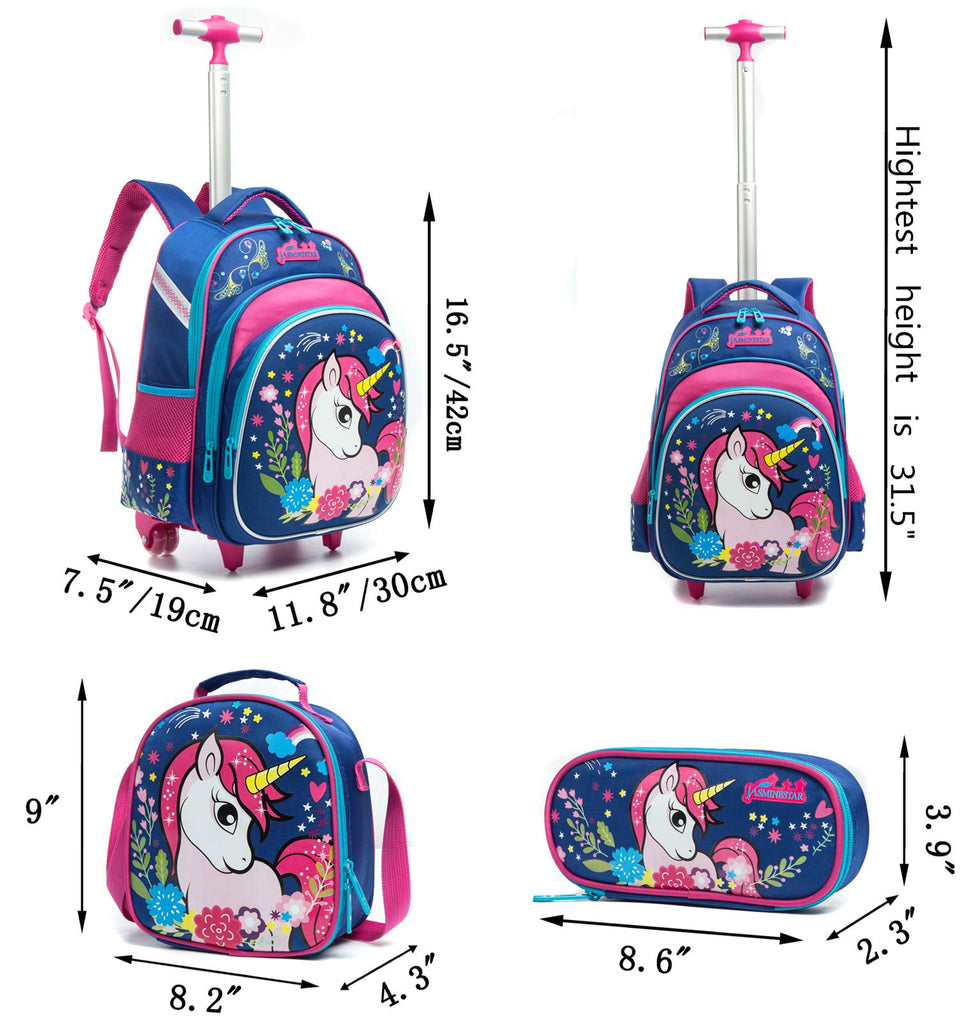 Meetbelify Girls Unicorn Rolling Backpacks Kids Backpack with Wheels for Girls School Bags with Lunch Box - backpacks4less.com