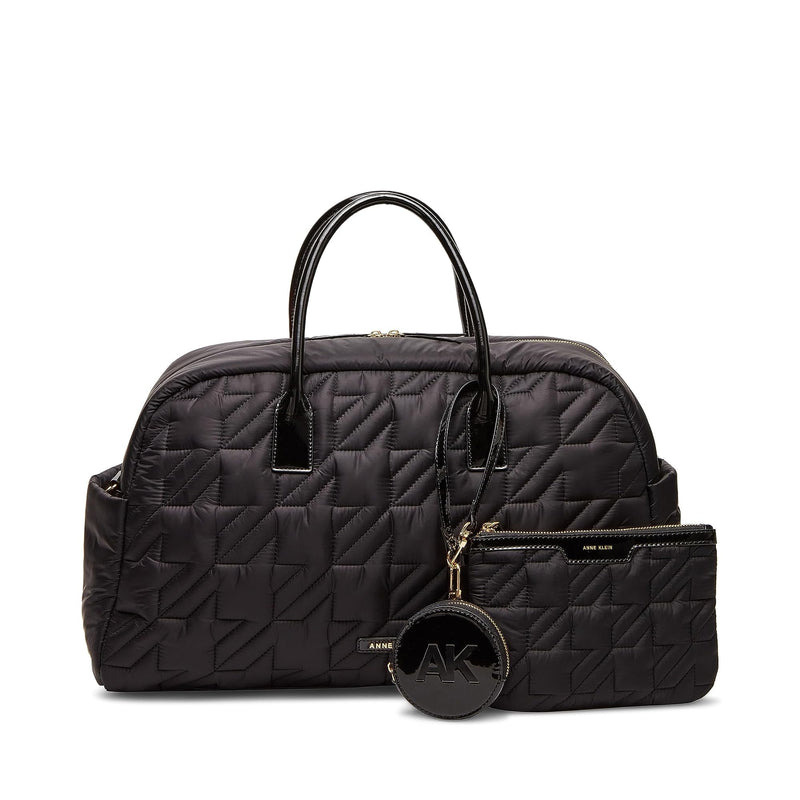Anne Klein Quilted Nylon Weekender with Pouch & Web Strap Black/Black/Black/Gold One Size