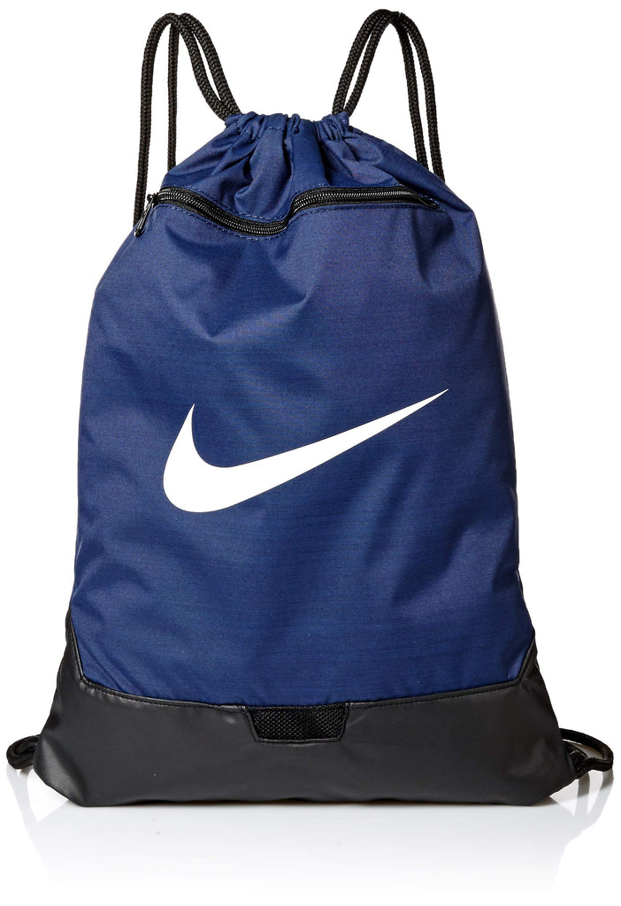 Nike Brasilia Training Gymsack, Drawstring Backpack with Zipper Pocket and Reinforced Bottom, Midnight Navy/Black/White - backpacks4less.com