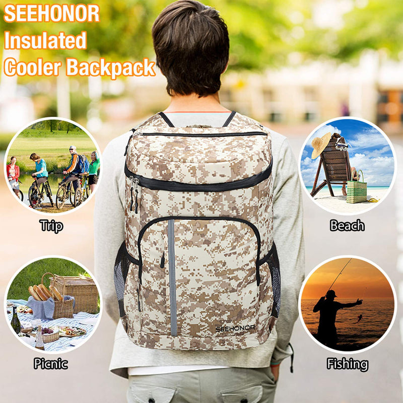 SEEHONOR Insulated Cooler Backpack Leakproof Soft Cooler Bag Lightweight Backpack with Cooler for Lunch Picnic Hiking Camping Beach Park Day Trips, 30 Cans (Camouflage) - backpacks4less.com