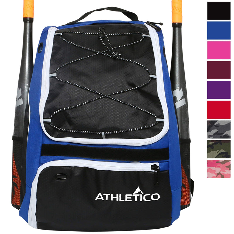 Athletico Baseball Bat Bag - Backpack for Baseball, T-Ball & Softball Equipment & Gear for Youth and Adults | Holds Bat, Helmet, Glove, Shoes | Separate Shoe Compartment & Fence Hook (Blue) - backpacks4less.com