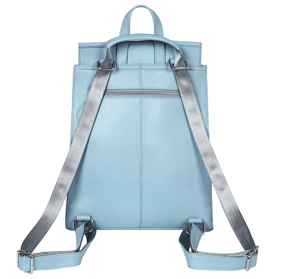 Heshe Womens Leather Backpack Casual Style Flap Backpacks Daypack for Ladies (Light Blue) - backpacks4less.com