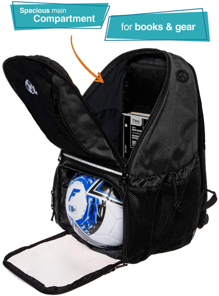 LISH Soccer Backpack - Large School Sports Gym Bag w/ Ball Compartment (Black) - backpacks4less.com