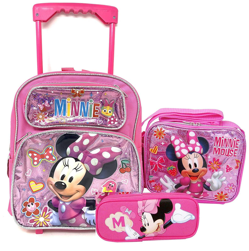Disney mini Minnie Mouse Medium Rolling Backpack, lunch Box and fashion glasses School Set - - backpacks4less.com