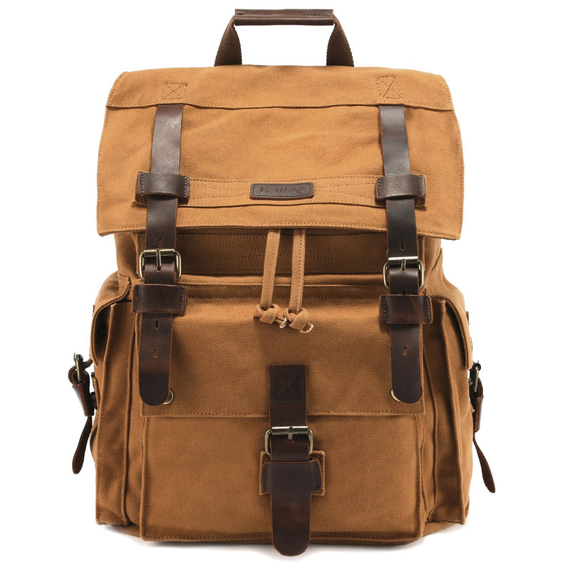Kattee Men's Leather Canvas Backpack Large School Bag Travel Rucksack Khaki - backpacks4less.com