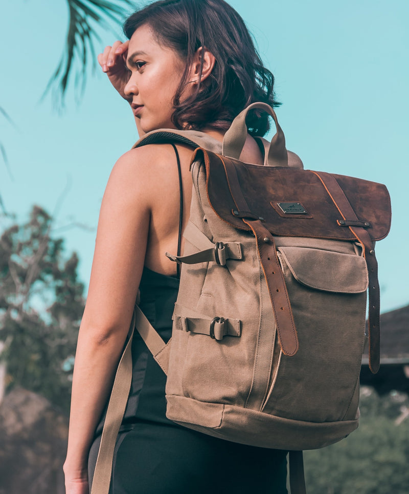 Leather Backpack for Men TOPWOLFS Canvas Backpack Vintage Rucksack fit 15.6" Laptop School Travel Bag - backpacks4less.com