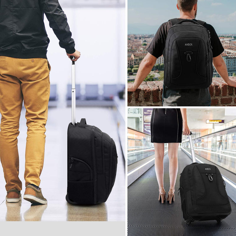 Rolling Backpack,Wheeled Laptop Backpack for Travel,Freewheel Carryon Trolley Luggage Suitcase Compact Business Bag,Wheeled Rucksack Student Computer Trolley Carry Luggage Fits 15.6Inch Laptop - Black - backpacks4less.com