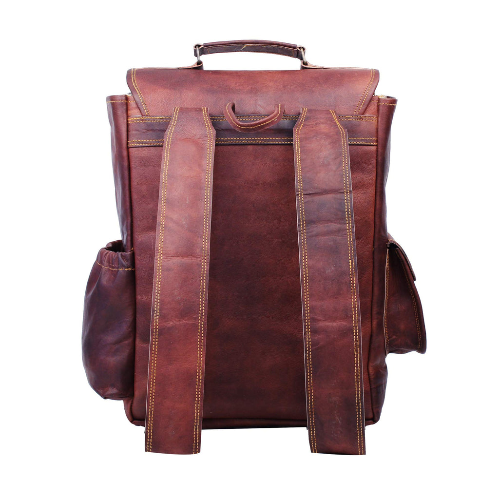 Handmade 16 Inch Brown Leather Backpack For Men Vintage Easy Open Push Lock Genuine leather backpack for women | Leather laptop backpack for men and women with padded Laptop Compartment By HULSH - backpacks4less.com